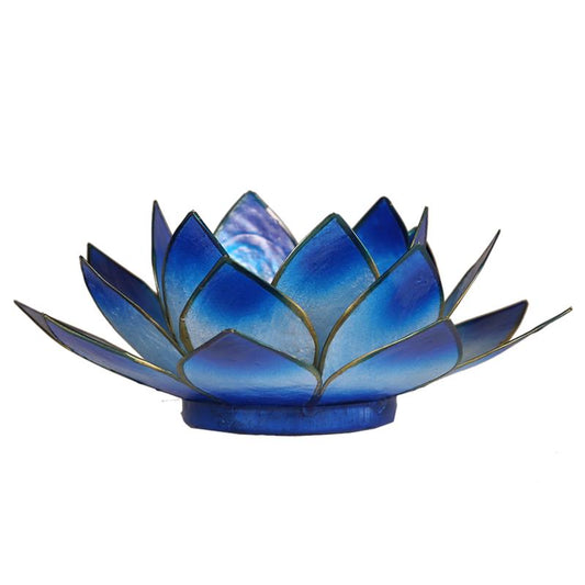 Lotus Teelichthalter: Blau, Schwarz und Goldglanz aus Capiz Muscheln, 13,5 cm