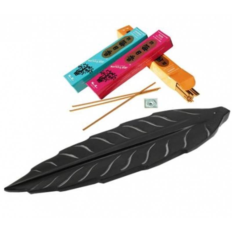 Incense stick holder leaf soapstone black